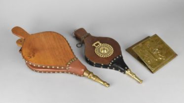 Two Modern Brass Mounted Pairs of Bellows together with a Pressed Brass Wall Hanging Letter Rack