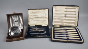 A Cased Nutcracker Set, A Set of Silver Banded Butter Knives and a Royal Wedding Dish