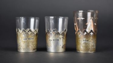 Three Silver and Glass Tot Glasses, the One Example with Unrelated Glass, Birmingham Hallmark