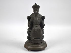 A Heavy Cast Metal Bronzed Figure of Chinese Emperor Sat on Dragon Throne, 22.5cms HIgh