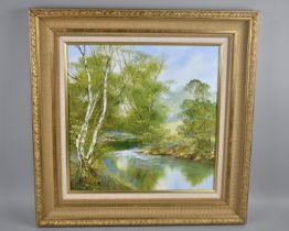 A Gilt Framed Textured Oil on Canvas Depicting River Scene, Signed Evans, 39x39cms