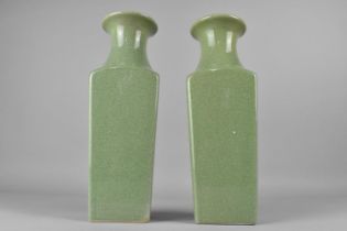 A Near Pair of Celadon Crackle Glazed Vases with Flared Neck to Shouldered Square Bodies, 26cm high