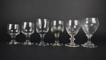 Six Various 19th Century Drinking Glasses to Include Two Ogee Bowl Examples the One with Faceted