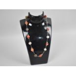 A White Metal Mounted and Spherical Polished Stone Bead Necklace to comprise Banded Agate, Carnelian