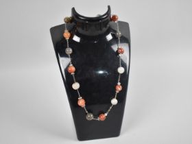 A White Metal Mounted and Spherical Polished Stone Bead Necklace to comprise Banded Agate, Carnelian