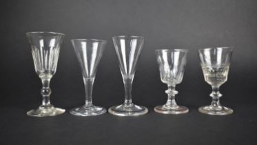 Five Various 19th Century Hand Blown Drinking Glasses to Comprise Facet Cut Trumpet Bowl on Ball