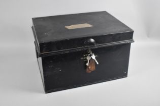 A Vintage Black Painted Metal Deed Box with Key and Two Carrying Handles, 43cms Wide
