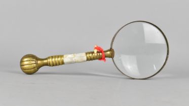 A Modern Brass and Mother of Pearl Handled Desktop Magnifying Glass, 25cms Long