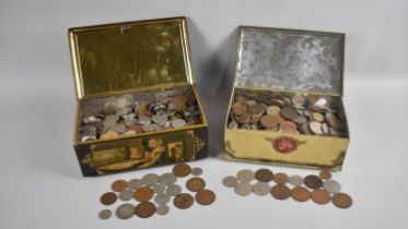 Two Vintage Tins Containing British and Foreign Coinage etc