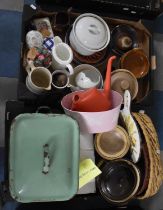 Two Boxes of Various Vintage and Later Kitchenware, Enamel Bread Bin, Stoneware Pots, Ceramics etc