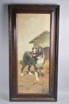 An Edwardian Oak Framed Print of a Newfoundland Dog, Signed Georges Albert, 26x65cms