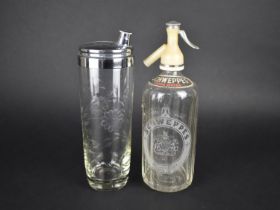 A Vintage Schweppes Soda Syphon and a Silver Plate Topped Etched Glass Cocktail Shaker, 28.5cms High