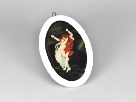 A Reverse Painted on Glass Miniature Depicting Boy and Girl on Swing, 14.5x9cms