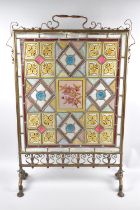 A Late Victorian/Edwardian Stained Glass and Brass Fire Screen, 50cms Wide