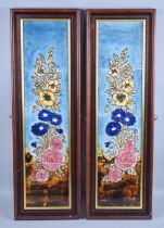 Two Framed Panels of Four Tubelined Floral Tiles, Each 21.5cms by 68cms Overall