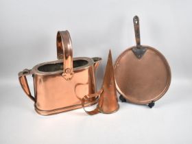 A Late Victorian/Edwardian Copper Hot Water Jug, a Copper Ale Warmer and a Copper Saucepan Lid