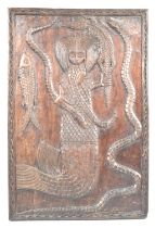 A Rectangular Carved Wooden Plaque Depicting Mermaid, Sea Snakes and Fish Etc 44cms High and 30cms