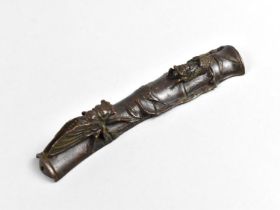 A Bronze Study of Section of Bamboo with Insects, 4 Character Mark Under, 16cms Long