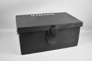 A Painted Wooden Box, The Hinged Lid with Inner Print of an American Ship, 56cms Wide
