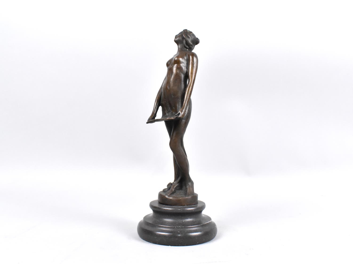 A Bronze Study of Standing Maiden with Tray, Turned Stepped Socle, 19cms High - Image 2 of 2