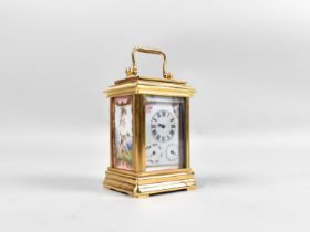 A Miniature Sevres Style Gilt Brass Carriage Clock with Subsidiary Dials for Day and Date, Porcelain