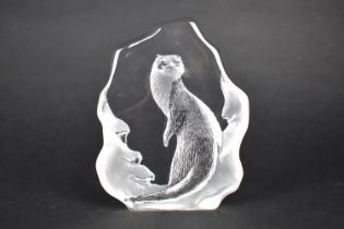 A Mats Jonasson Intaglio glass Sculpture Carved with Otter, Signed to Base, 16cm high