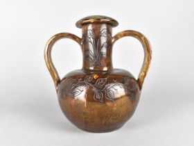 A J Hayes Studio Pottery Twin Handle Vase in Brown Glaze with Incised Leaf Band Decoration, 20cm