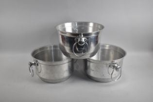 A Set of Three Two Handled Aluminum Bar Coolers together with Two Aluminium Jam Kettles