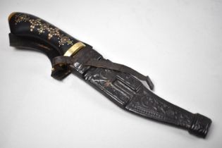A Modern Hunting Knife with Inlaid Handle and Tooled Leather Scabbard, Overall Length 31cms