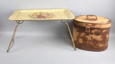 A Vintage Metal Hat Box and a Folding Metal Tray