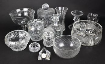 A Collection of Various Glass to Comprise Vases, Lidded Pot, Decanter, Bowls etc (Some Condition