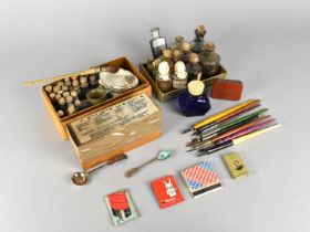 A Collection of Various Miniature Bottles, Paints, Inks, Pens, Cunard Matchbooks etc