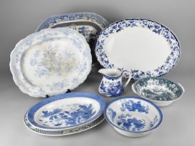 A Collection of Various Blue and White to Comprise Willow Pattern Platters, Bowl etc