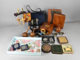 A Collection of Sundries to Include Napkin Rings, Cow Bell, Wooden Four Section Box etc