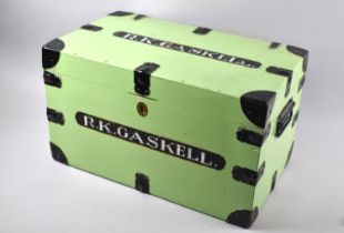 A Vintage Green Painted Metal Mounted Schoolboys Tuck Box Inscribed for RK Gaskell, 50cms Wide