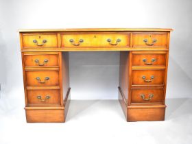 A Late 20th Century Yew Wood Kneehole Writing Desk with Tooled Leather Top, 122cms Wide