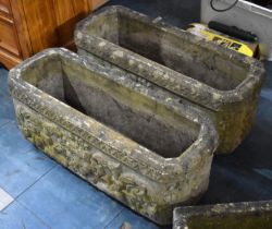 A Pair of Reconstituted Stone Rectangular Planters with Moulded Decoration, 71cm wide