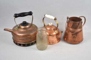 Two Copper and Brass Kettles and a Copper Jug
