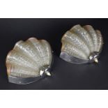 A Pair of Art Deco Chrome and Frosted Glass Shell Moulded Wall Lights, Each 30cms Wide