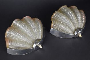 A Pair of Art Deco Chrome and Frosted Glass Shell Moulded Wall Lights, Each 30cms Wide