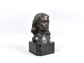 A Bronze Bust of a Young Girl on Faux Marble Plinth, 15cms High Overall