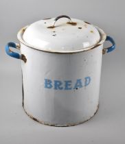 A Vintage White Enamelled Cylindrical Bread Bin with Lid, Two Carrying Handles, 33cms Diameter