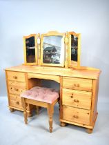 A Modern Pine Kneehole Dressing Table with Triple Mirror and Stool, 139cm wide