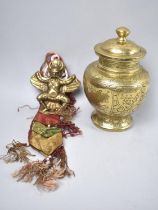 A Polished Bronze Lidded Temple Jar Decorated with Oriental Scene together with a Brass and Silk