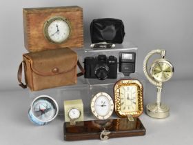 A Collection of Various Clocks, Vintage Multi Tool Knife, Box Camera, Tie Press, Vintage Smiths