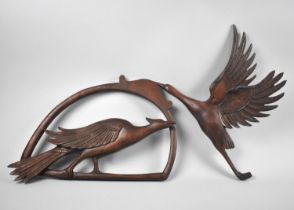 Two Carved Wooden Wall Hangings in the Form of a Crane and Peacock
