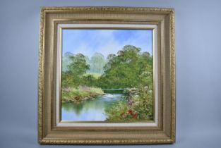 A Large Gilt Framed Textured Oil on Canvas Depicting River Scene with Poppies on Bank, 39cms Square