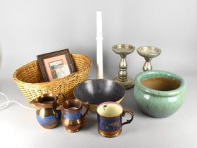 A Collection of Sundries to Include Plated Stands, Wicker Basket, Enamel Bowl, Lustre Jugs etc