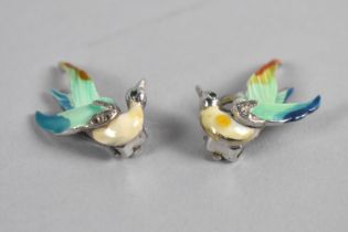 A Pair of Vintage Chromed Clip on Enamelled Earrings in the Form of Birds with Jewelled Eyes, Signed