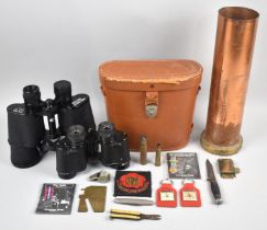 A Brass and Copper Smokers Stand, Leather Cased 10x50 Field Binoculars, Miniature Reproduction